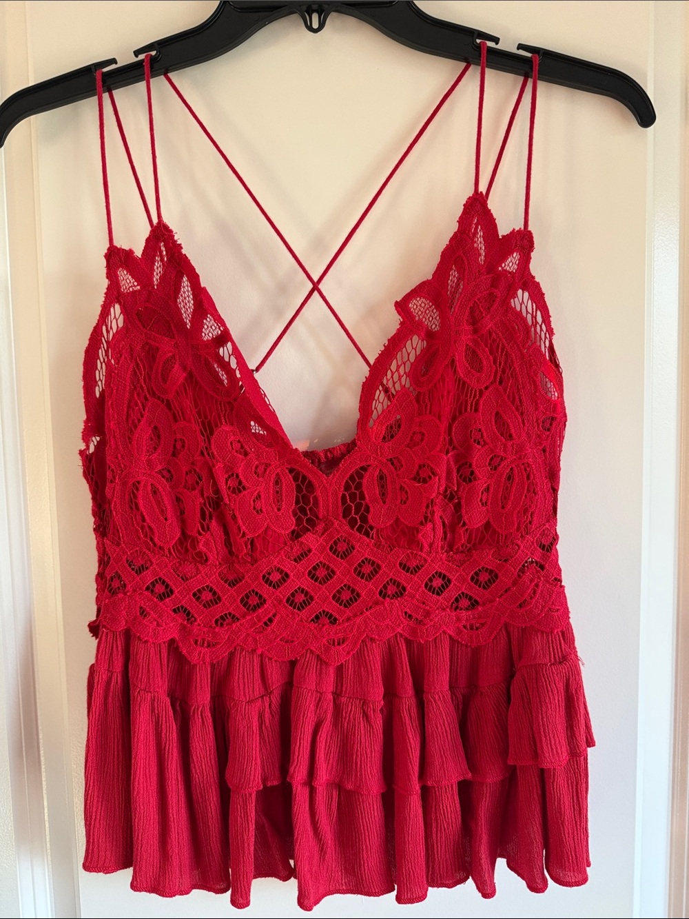 Free People One Red Lace Tiered Ruffle Chemise with Crisscross Straps